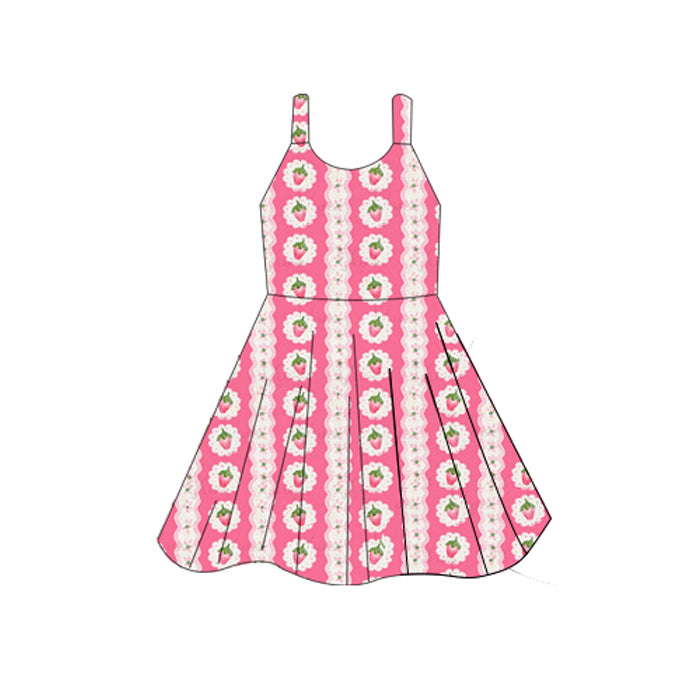 Straps pink floral strawberry toddler girls summer dress