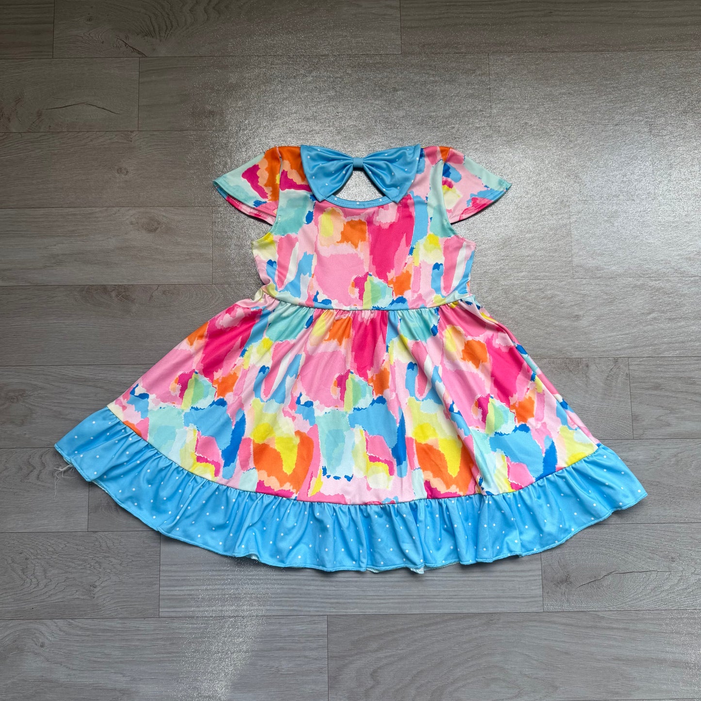 Short sleeves tie dye polka dots ruffle girls dresses