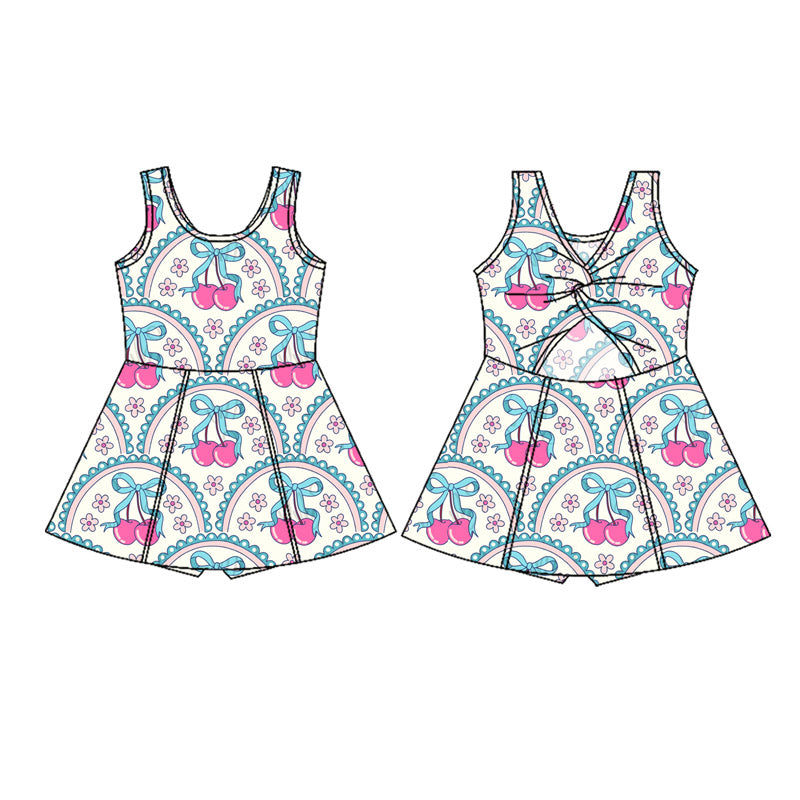 Sleeveless cherry bow floral kids girls athletic dresses