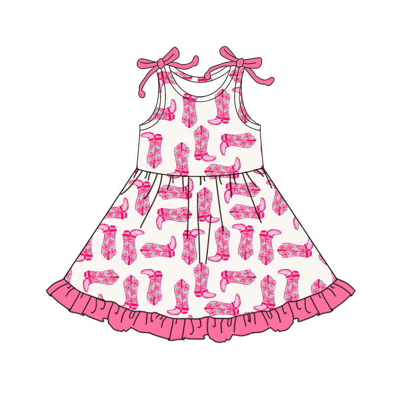Sleeveless floral boots ruffle western girls dresses