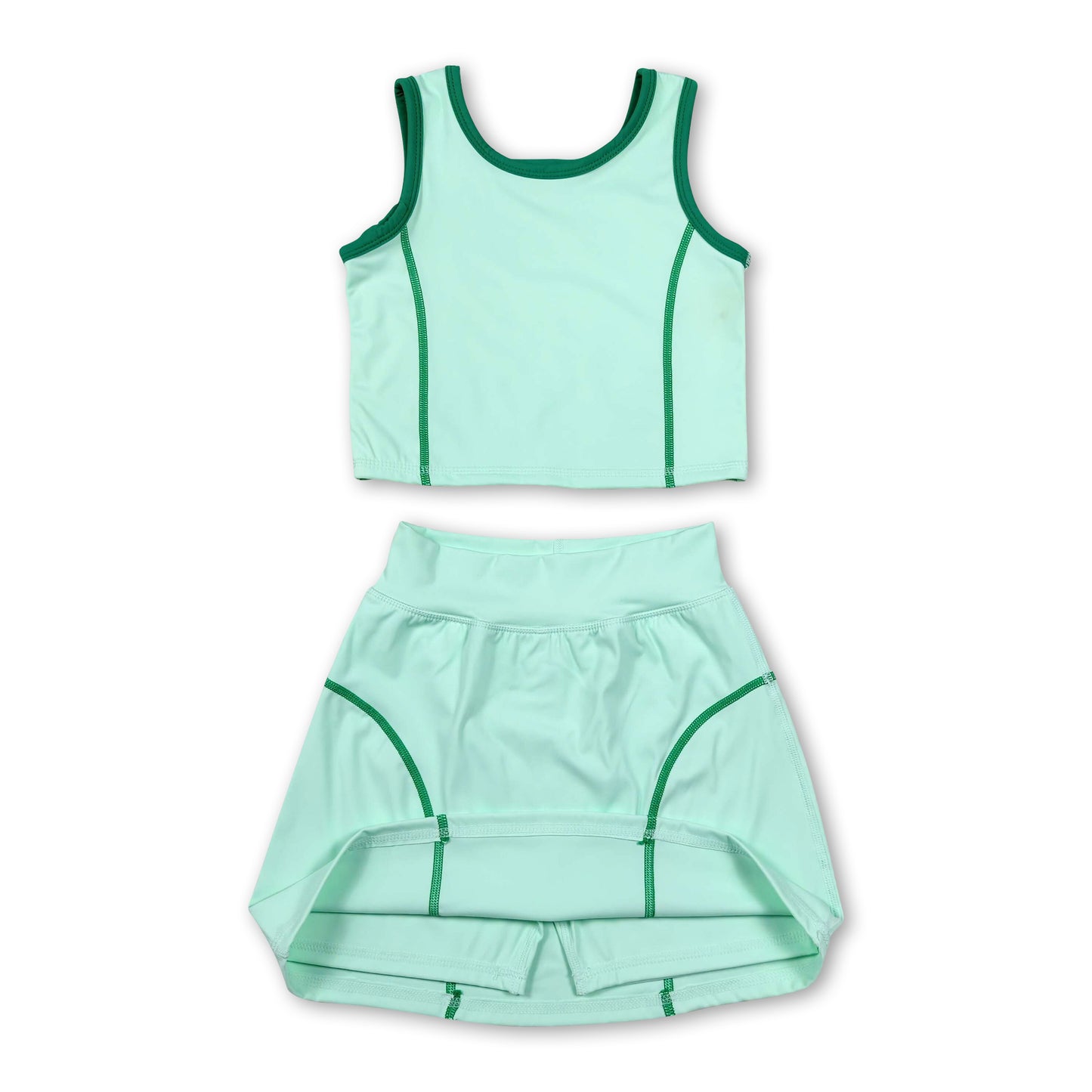 Sleeveless light green top high waist skirt girls activewear set