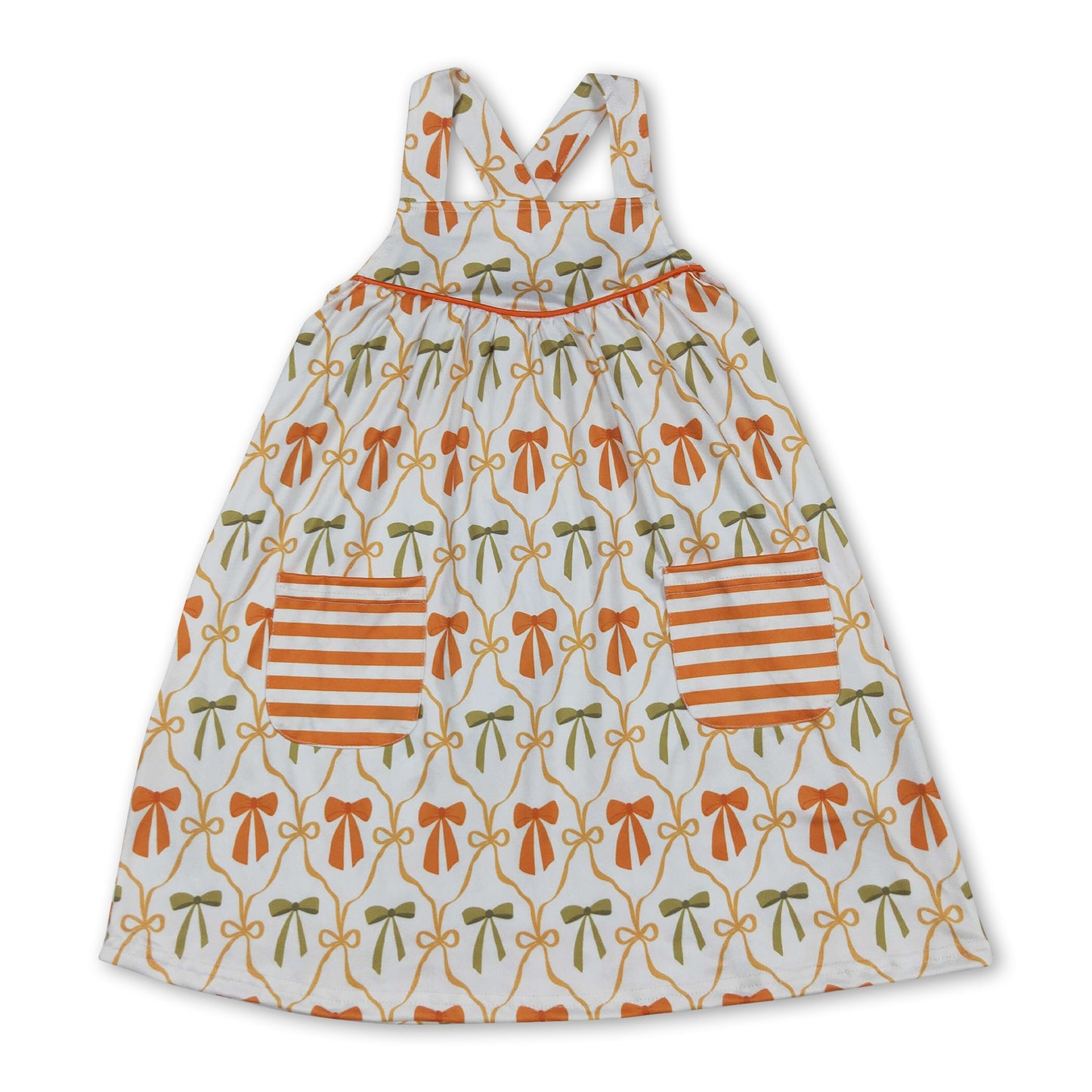 Straps orange bows stripe pockets girls fall dresses