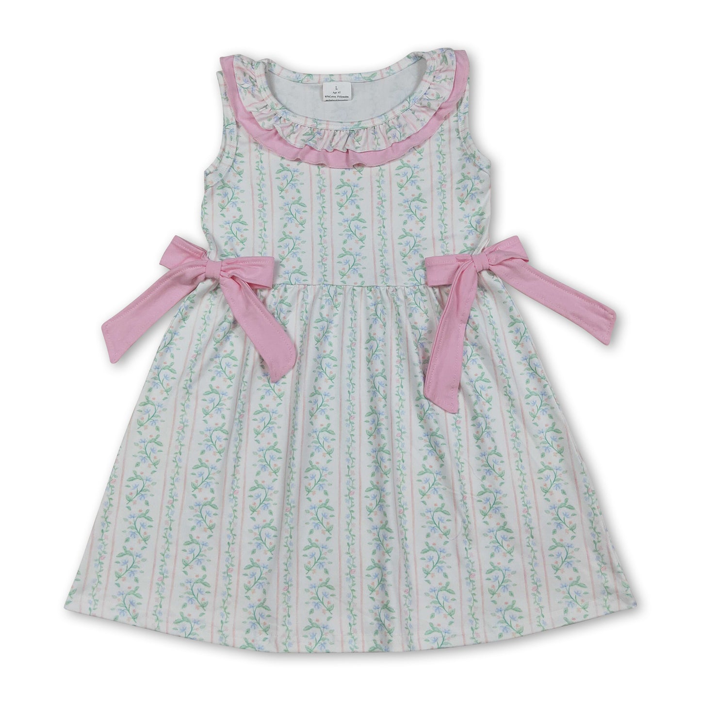 Pink bow floral ruffle sleeveless girls summer dresses