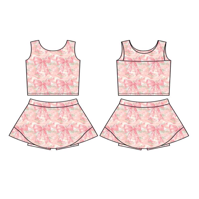 Sleeveless bow top skirt girls summer activewear set