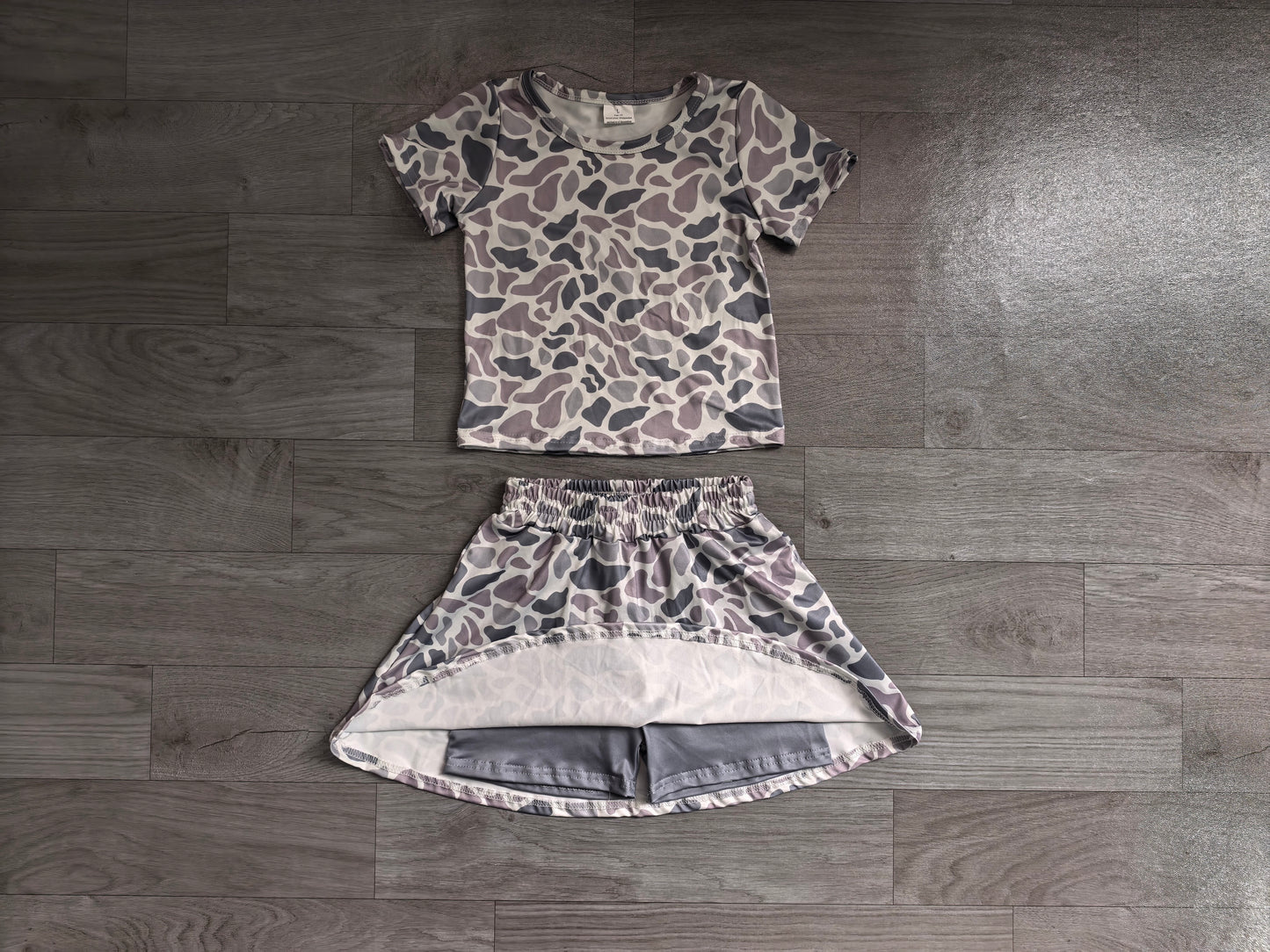 Grey camo short sleeves top skorts kids girls clothing set