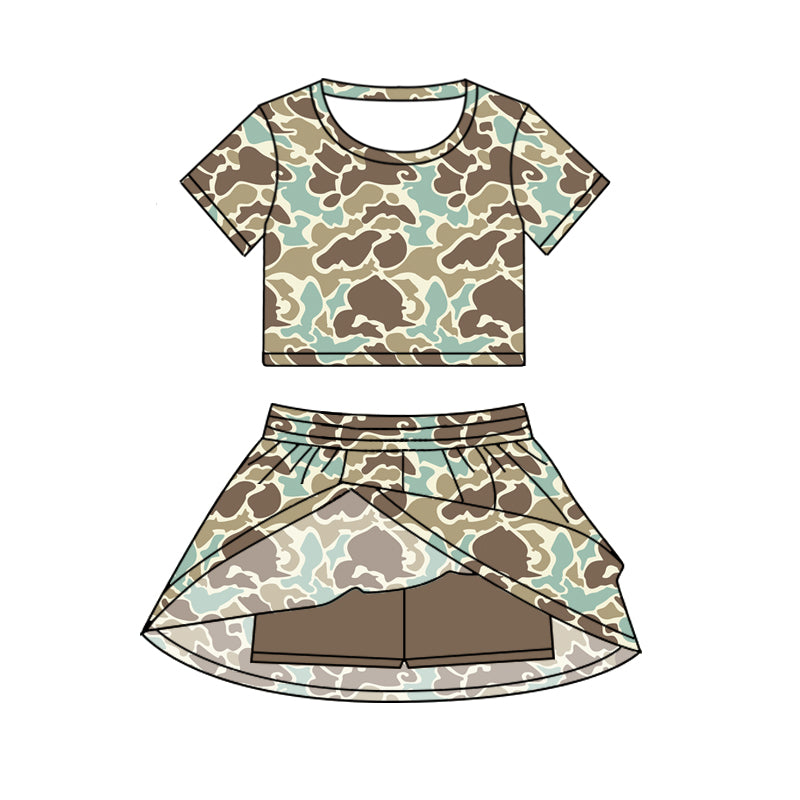Camo short sleeves top skorts kids girls clothing set