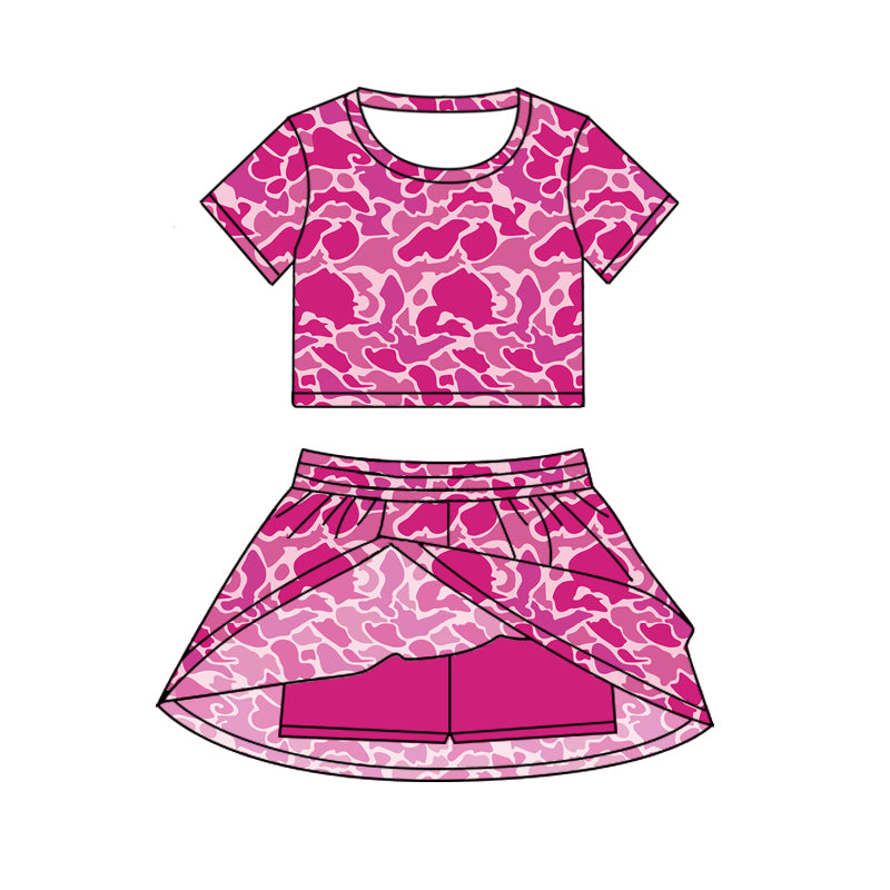 Hot pink camo short sleeves top skorts kids girls clothing set