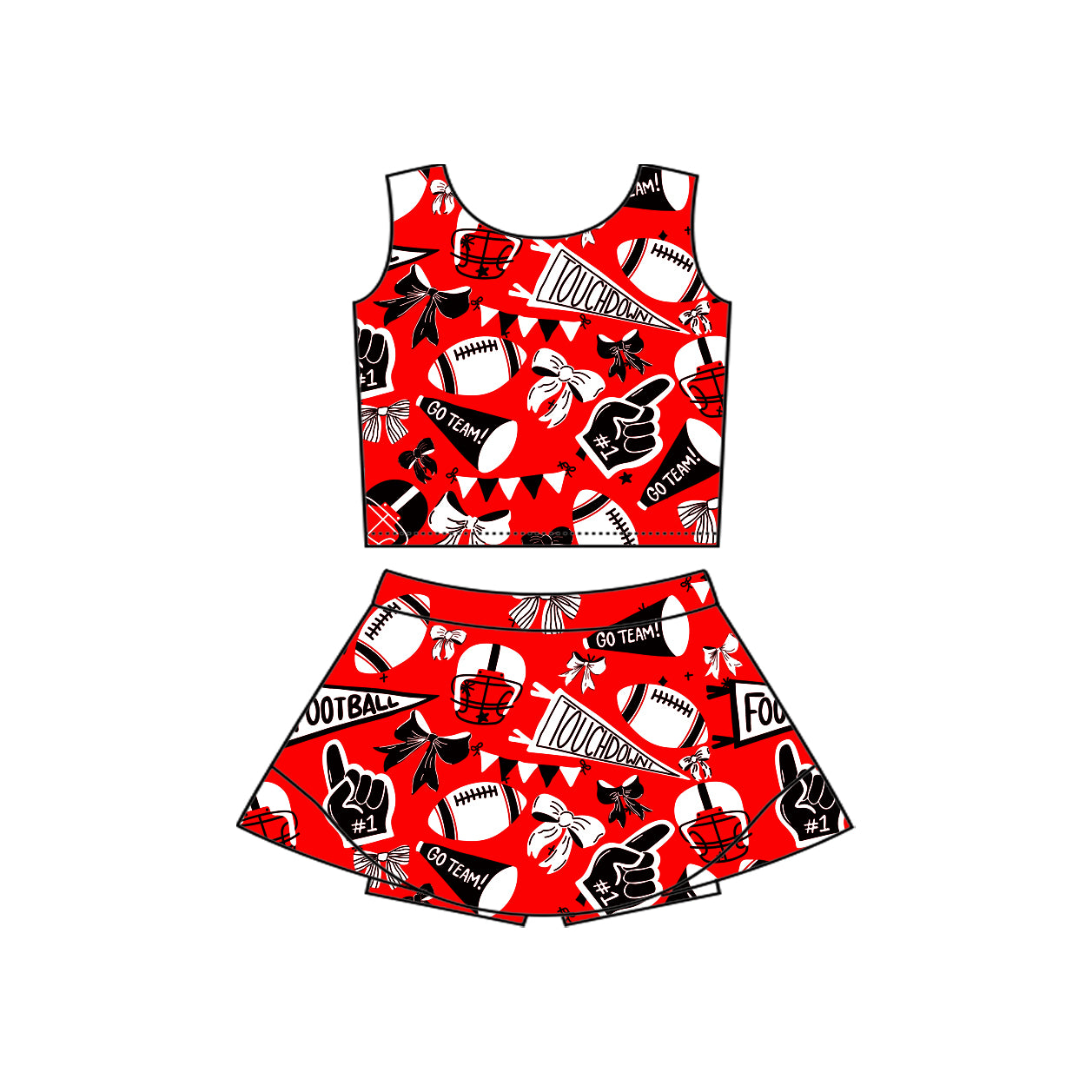 Red black bow football top skirt girls activewear team set