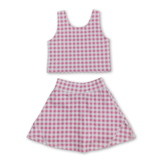 Sleeveless pink plaid top skirt girls summer clothes