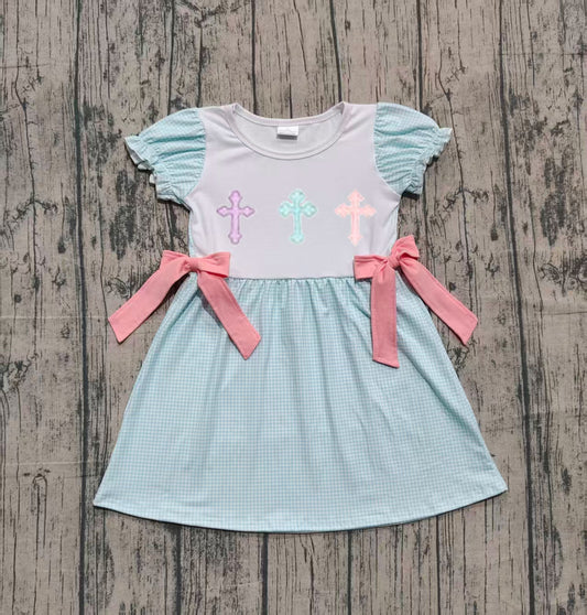Short sleeves plaid cross kids girls Easter dresses