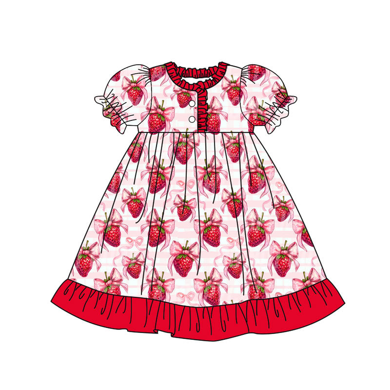 red strawberry print ruffle sleeve girl dress