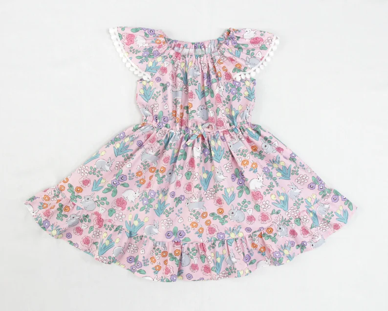 pink flowers rabbot print ruffle sleeve girl easter dress