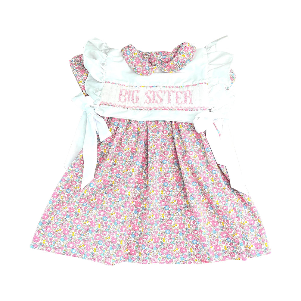pink flowers big sister smock flying sleeve girl dress