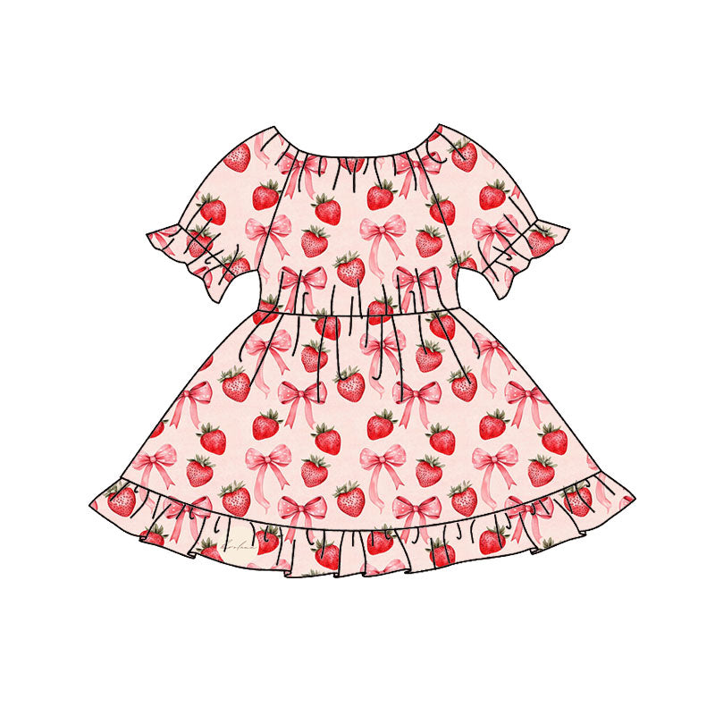 red strawberry bows print ruffle sleeve girl dress