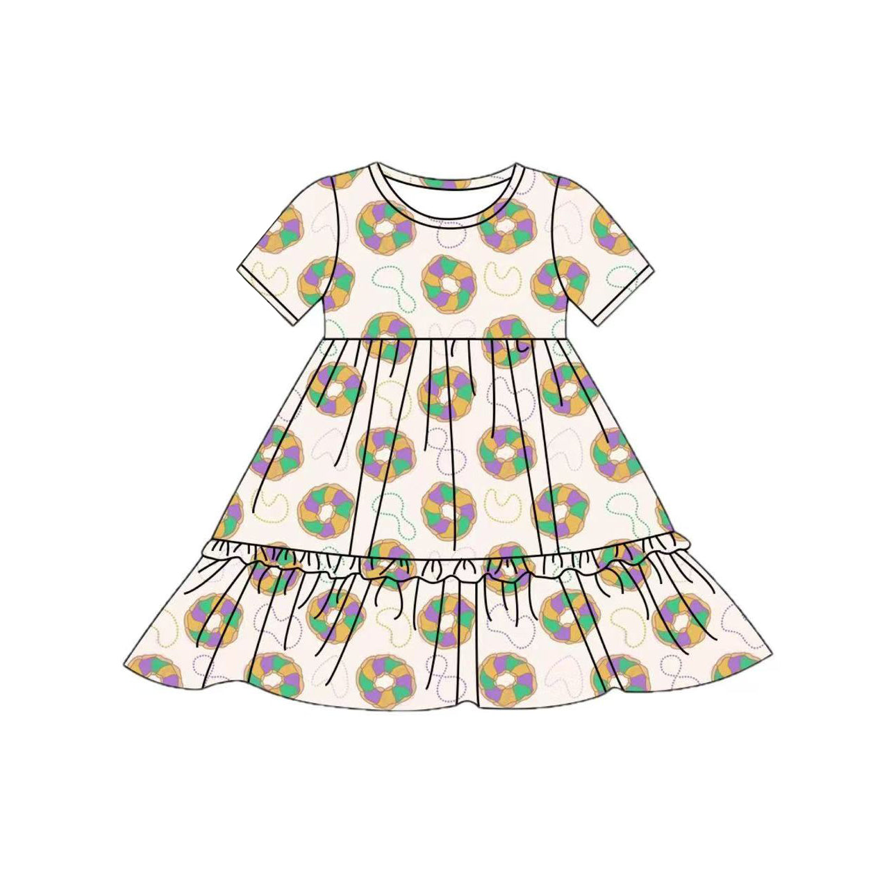 purple green yellow donut print ruffle sleeve girl dress