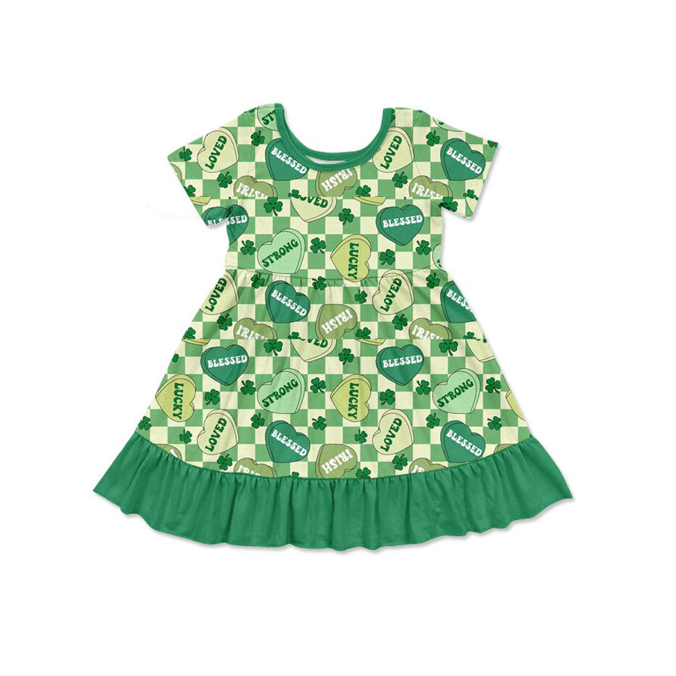green luck leaves print short sleeve girl dress