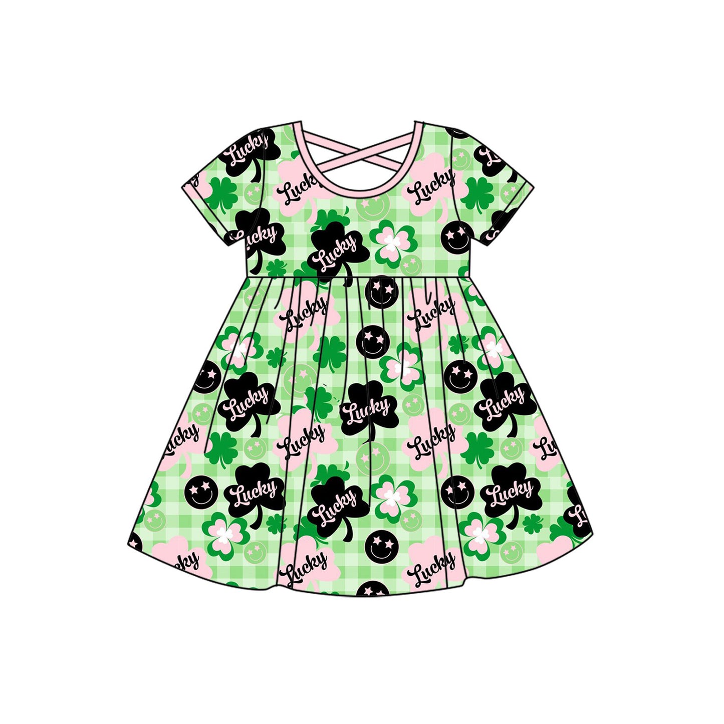 green luck leaves smile print short sleeve girl dress