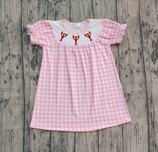 pink plaid crab short sleeve girl dress