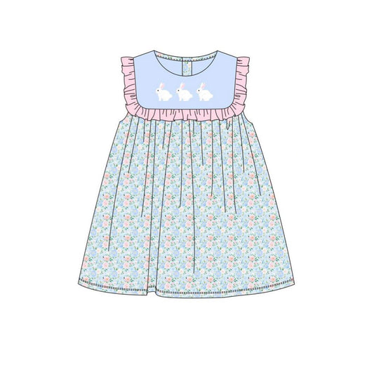 blue flowers easter rabbit polka girl dress
