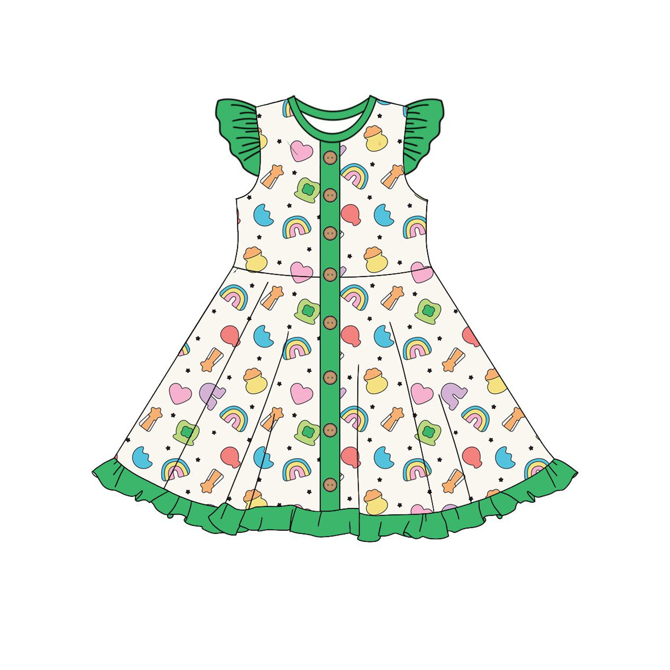 green pattern girl short flying sleeve dress