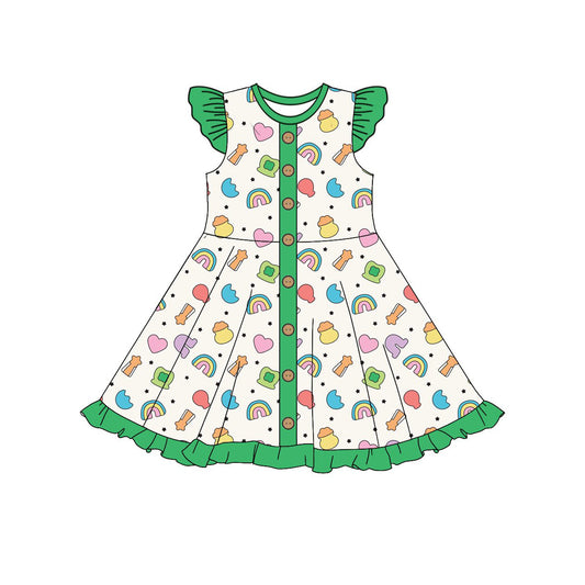 green pattern girl short flying sleeve dress