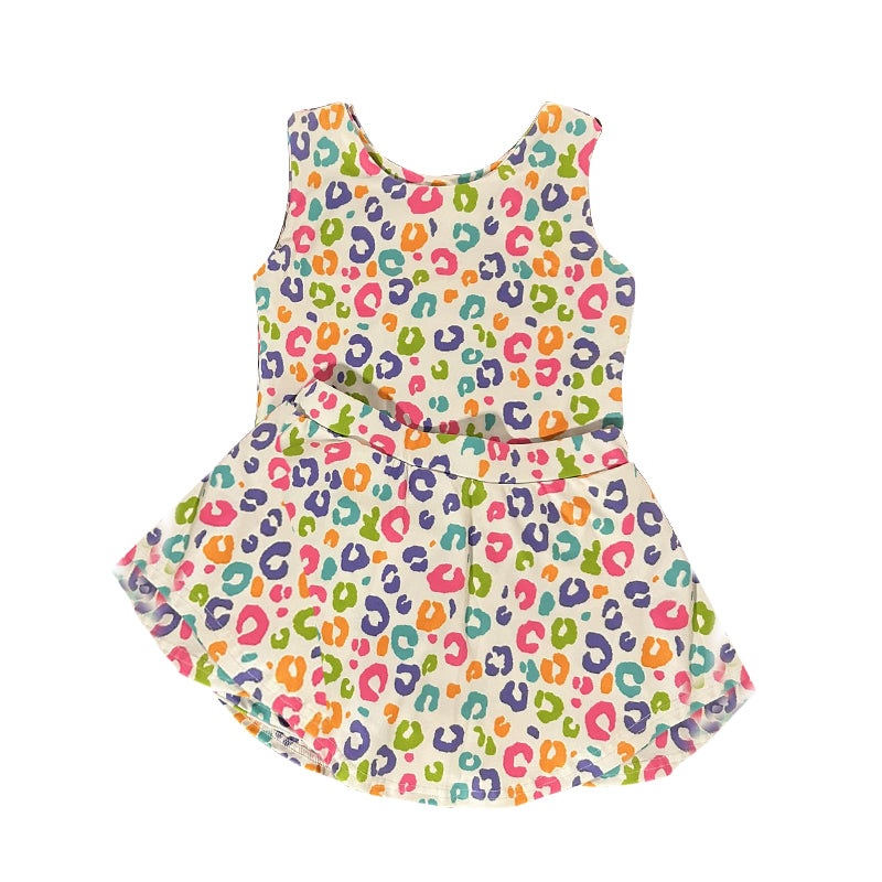 colorful leopard girl sleeveless yoga skirt set