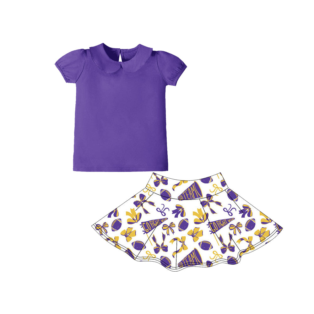 purple yellow bows football short sleeves top skorts kids girls set