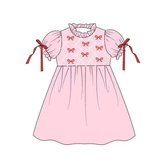 red bows girl ruffle sleeve pink dress