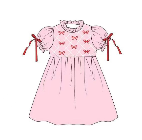 red bows girl ruffle sleeve pink dress