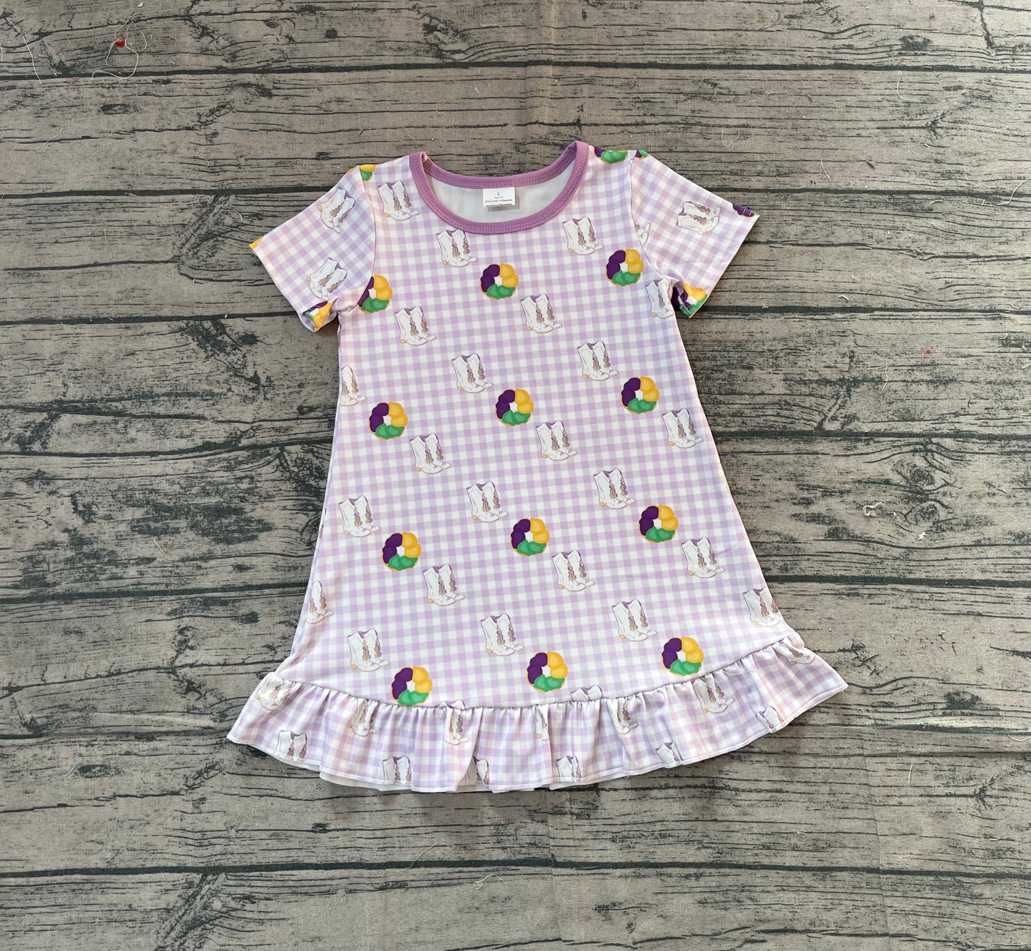 Plaid purple yellow green donut boots girls Mardi Gras dress