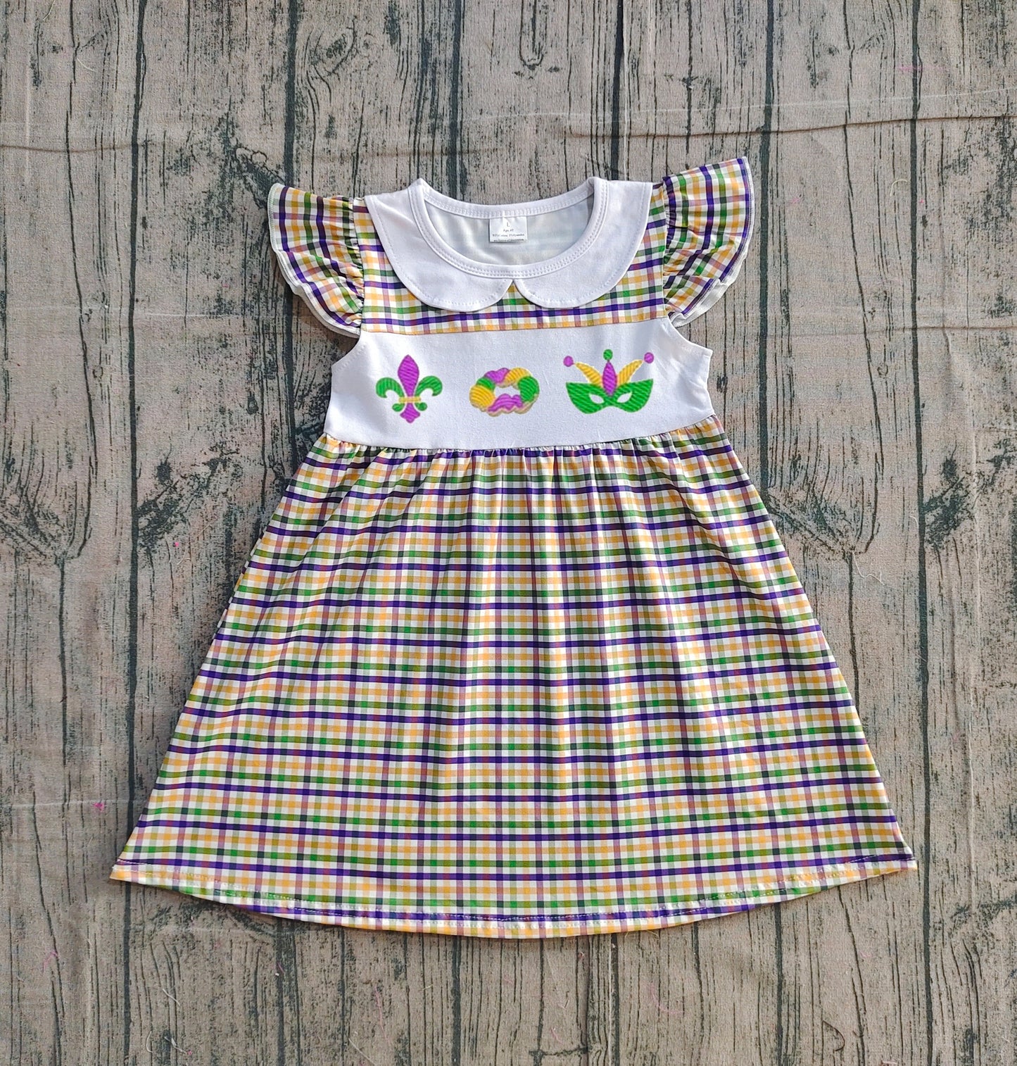 Plaid flutter sleeves donut kids girls Mardi Gras dress