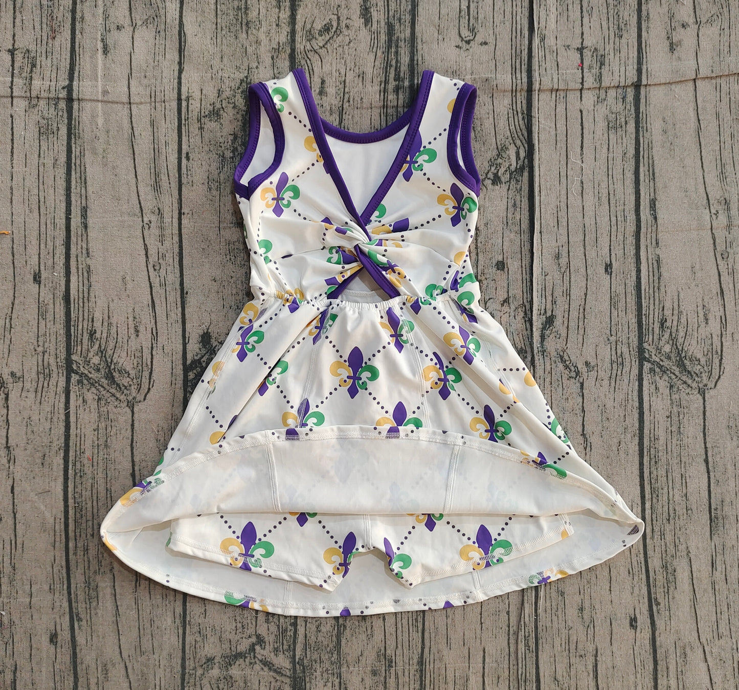 Purple green yellow sleeveless girls Mardi Gras athletic dress