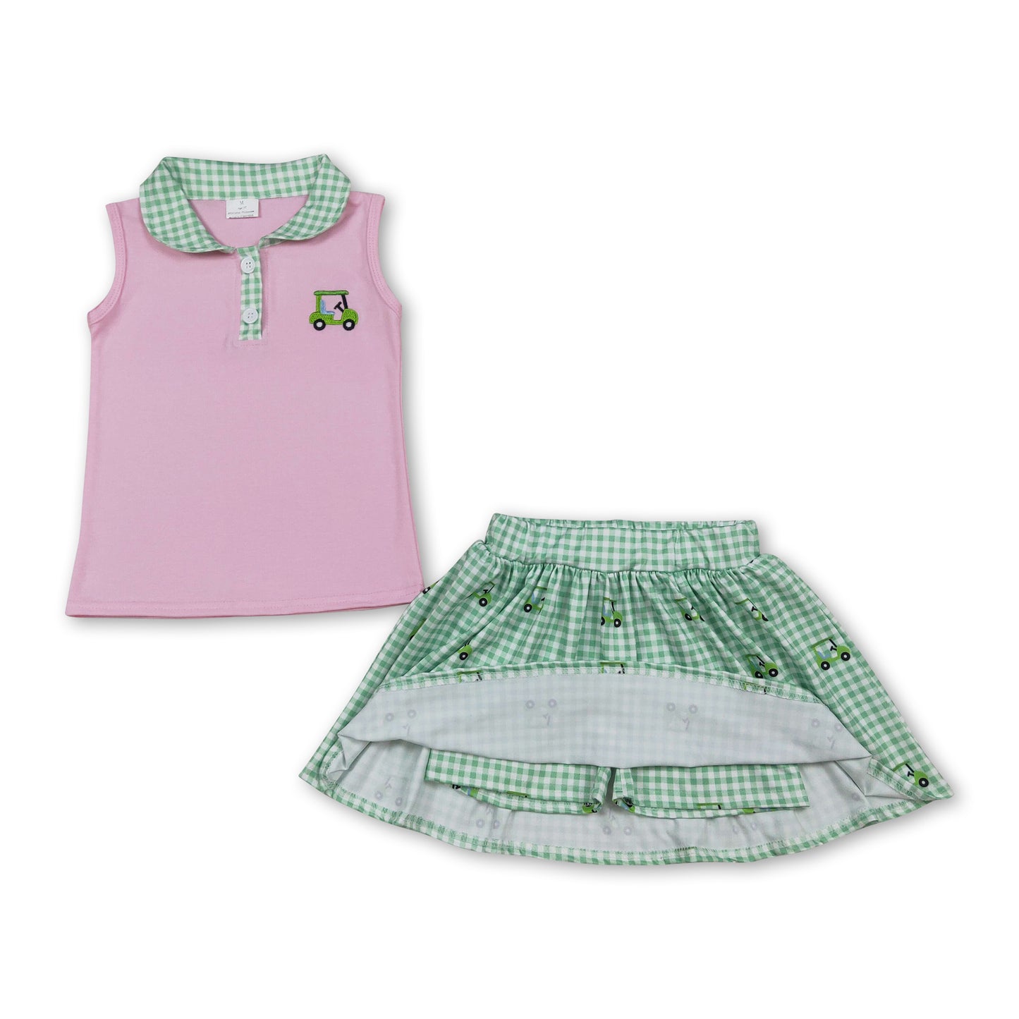 Sleeveless pink golf car top skirt kids girls clothing set
