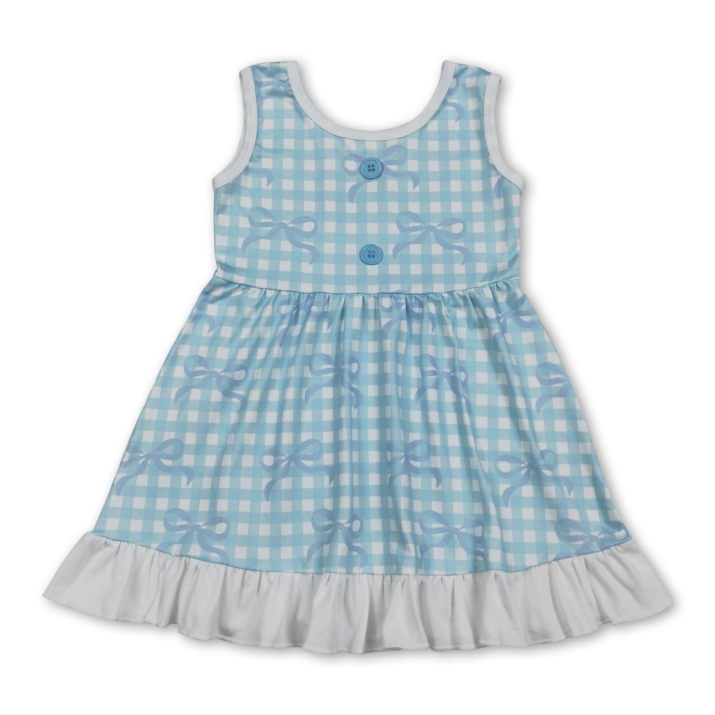 Sleeveless light blue plaid bow girls ruffle dresses