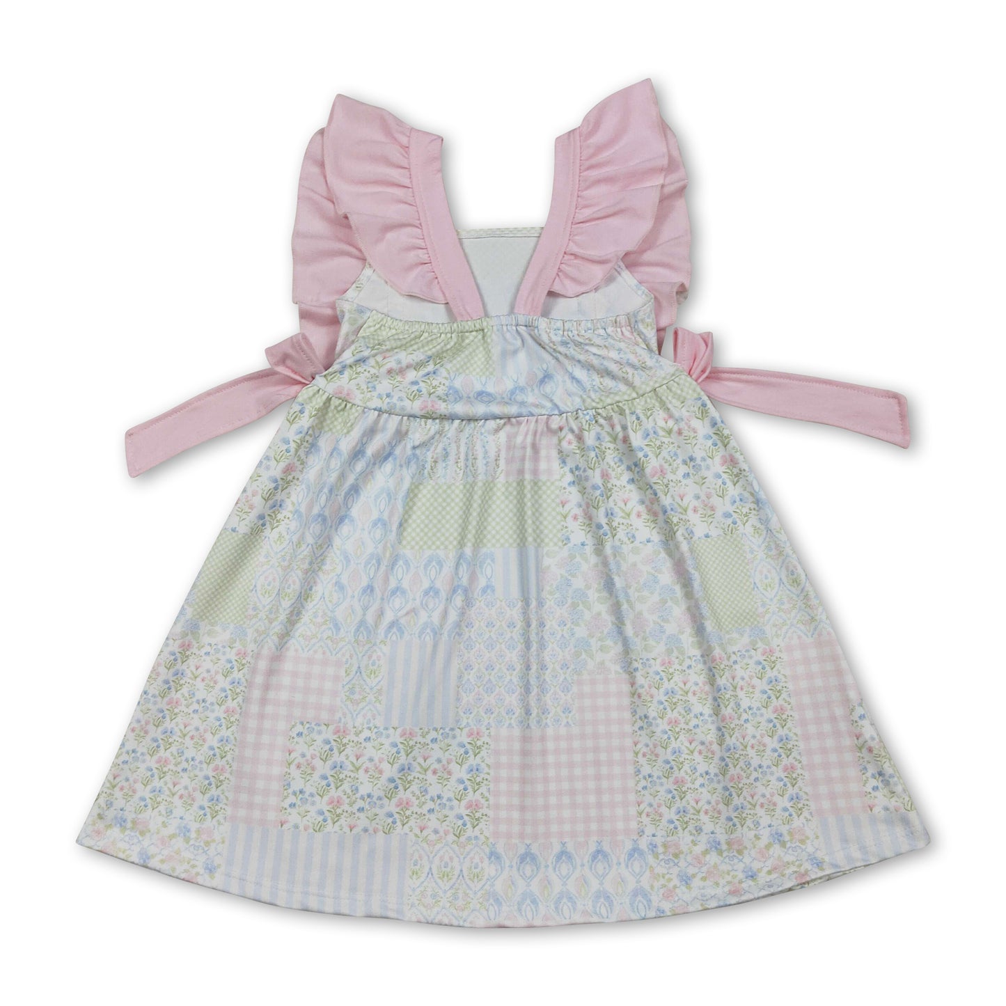 Pink flutter sleeves bow floral kids girls spring dress