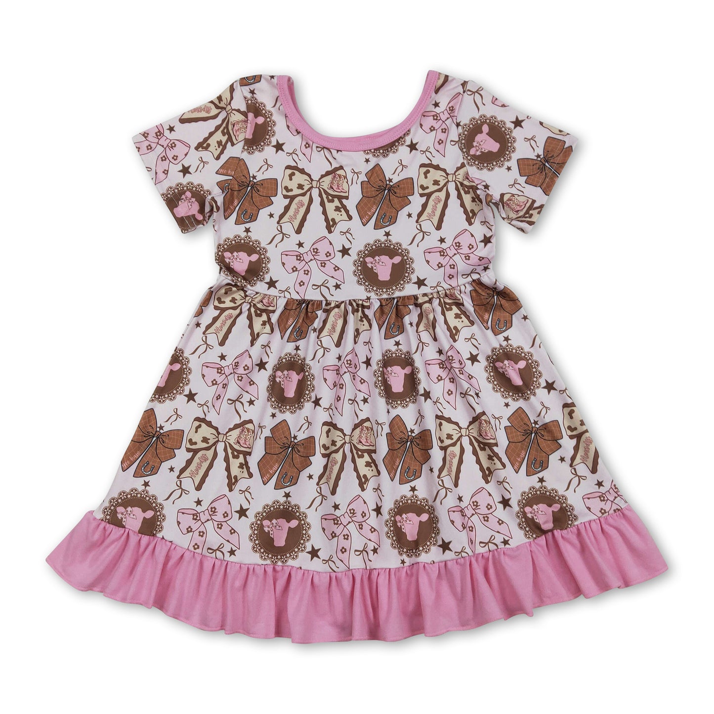 Short sleeves pink ruffle cow bow western girls dresses