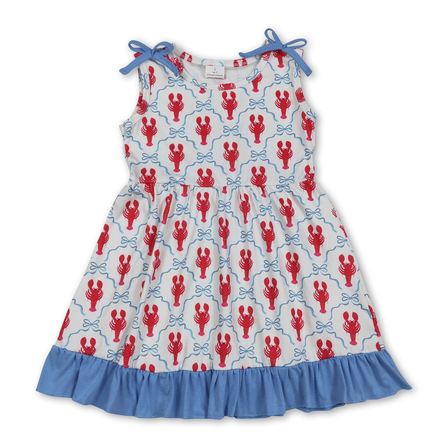 Sleeveless blue ruffle bow crawfish kids girls dresses