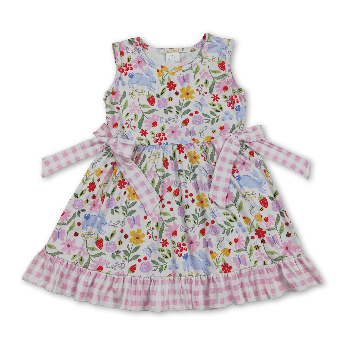 Sleeveless floral rabbit bow plaid ruffle girls Easter dress