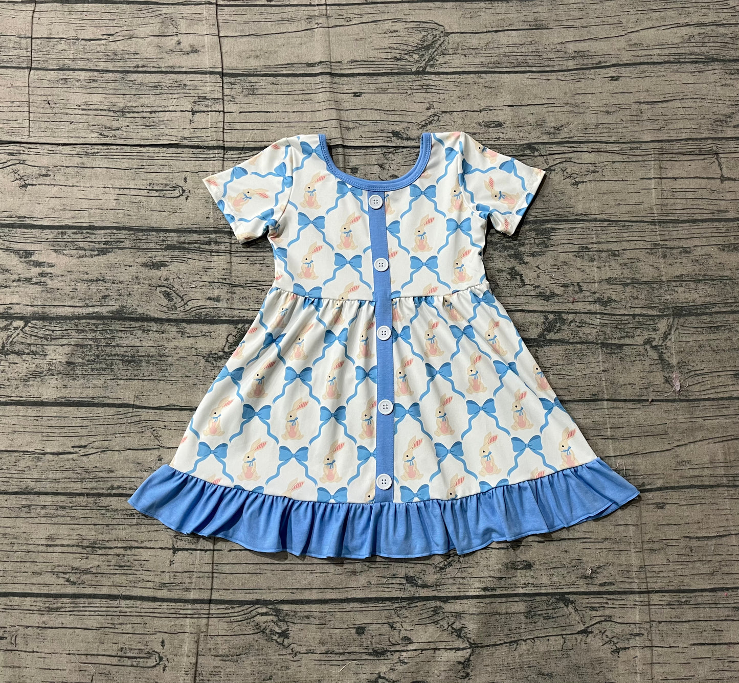 Short sleeves blue bow rabbit ruffle girls Easter dresses
