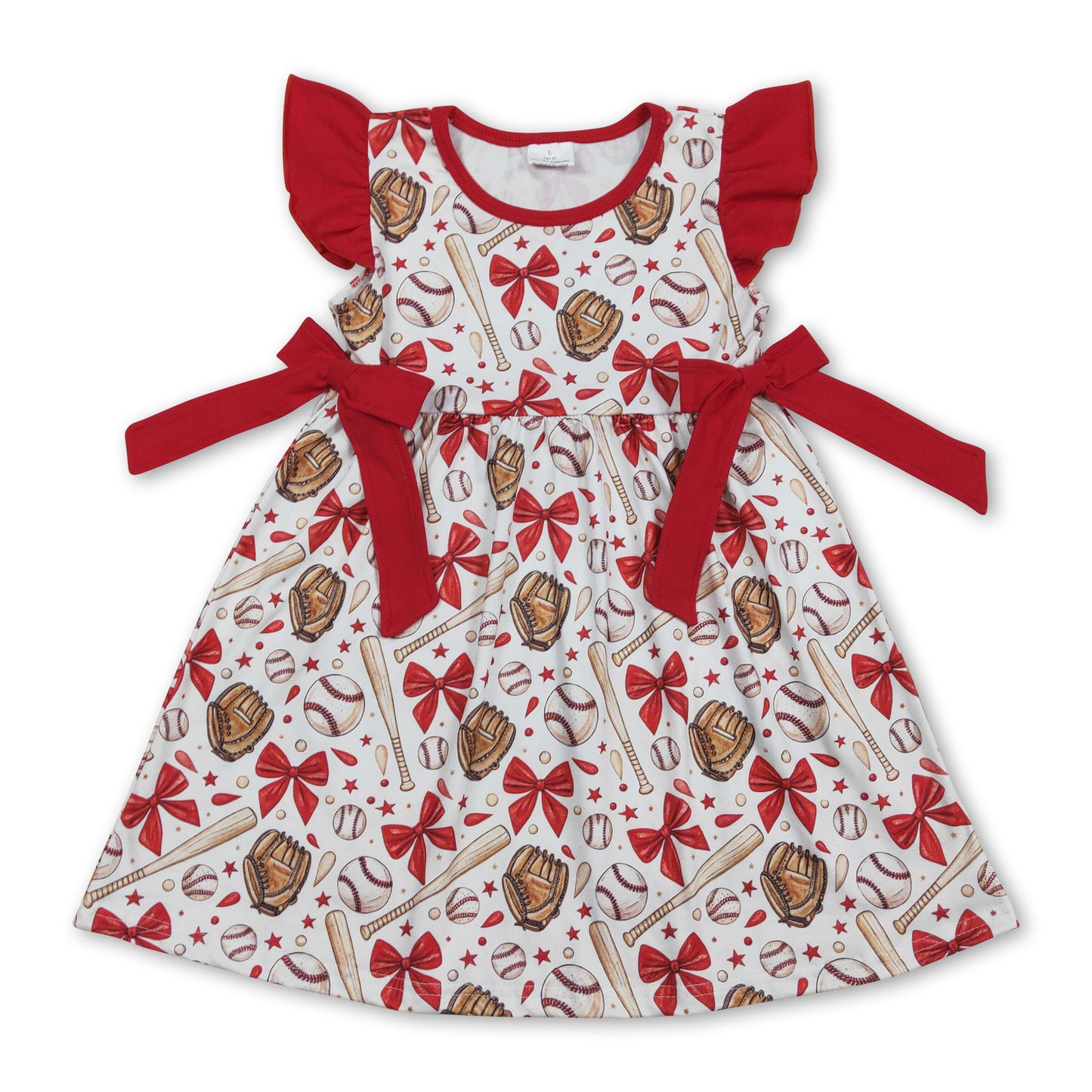 Red bow flutter sleeves baseball kids girls dresses