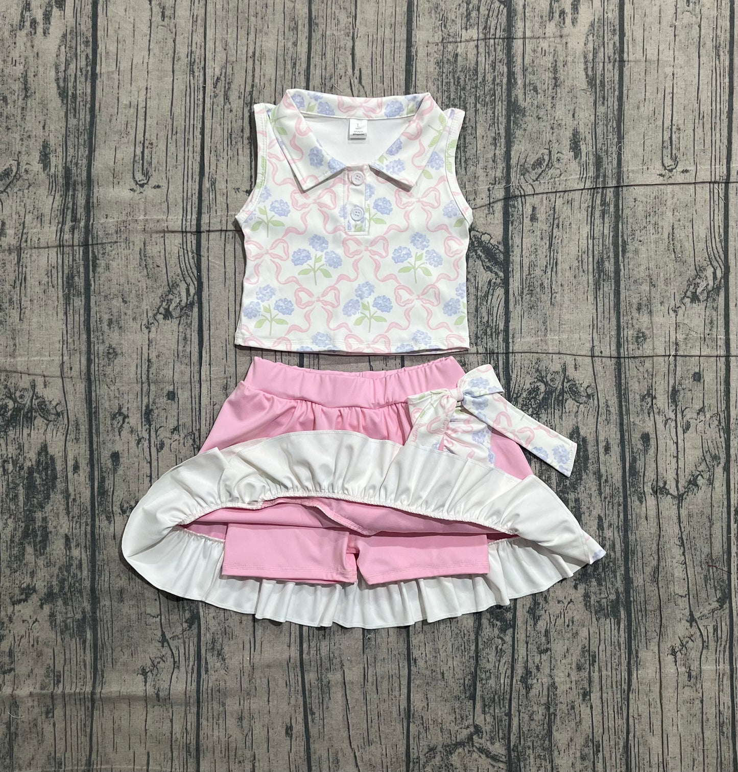 Sleeveless bow floral top ruffle skirt girls activewear set
