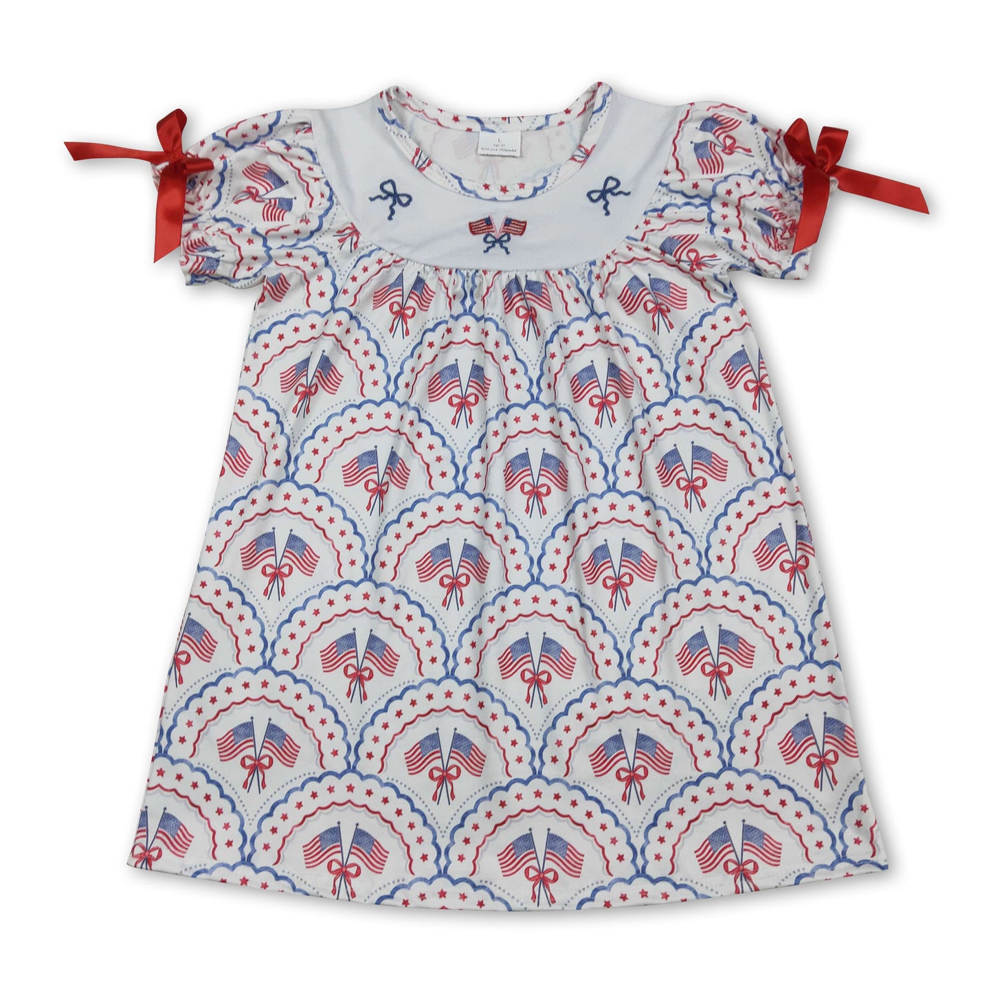 Short sleeves flag bow embroidery girls 4th of july dresses