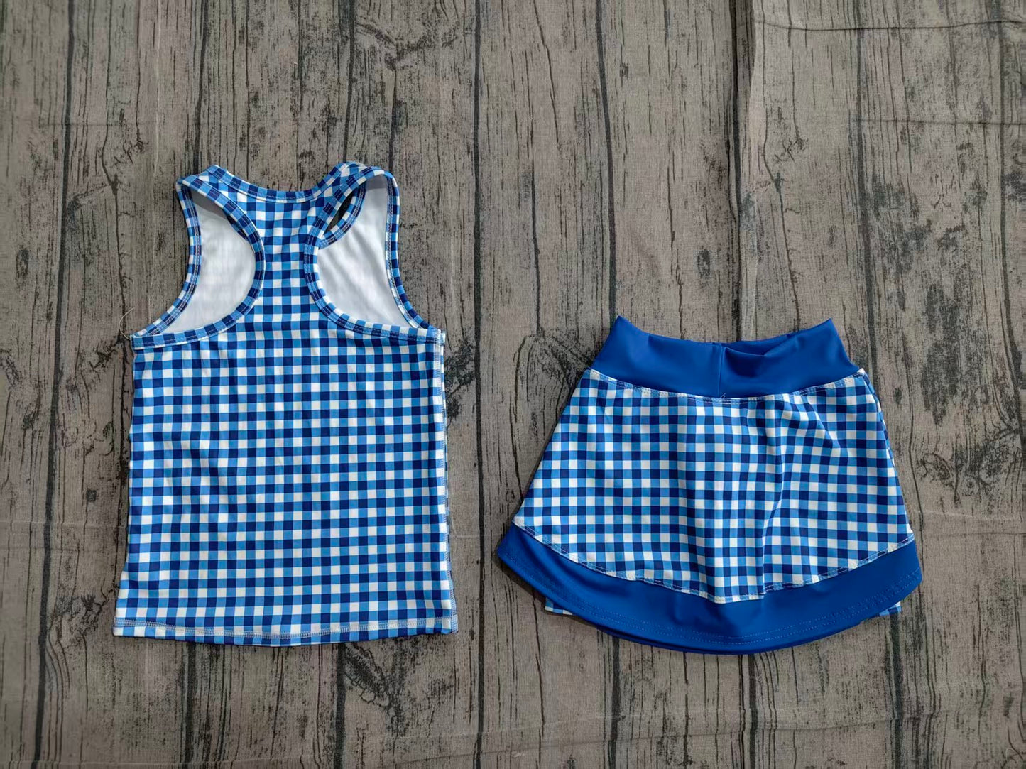 Sleeveless blue plaid top skirt kids girls active set
