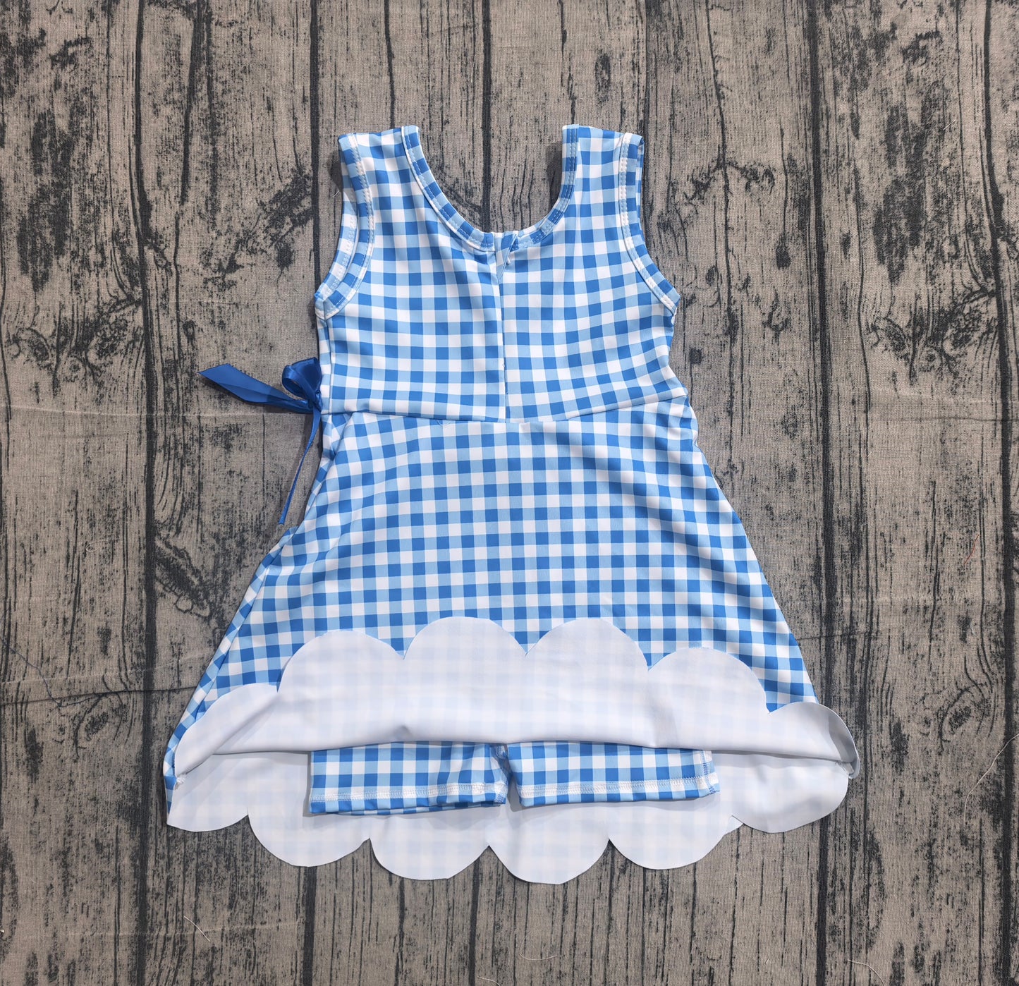 Sleeveless light blue plaid scallop kids girls athletic dresses