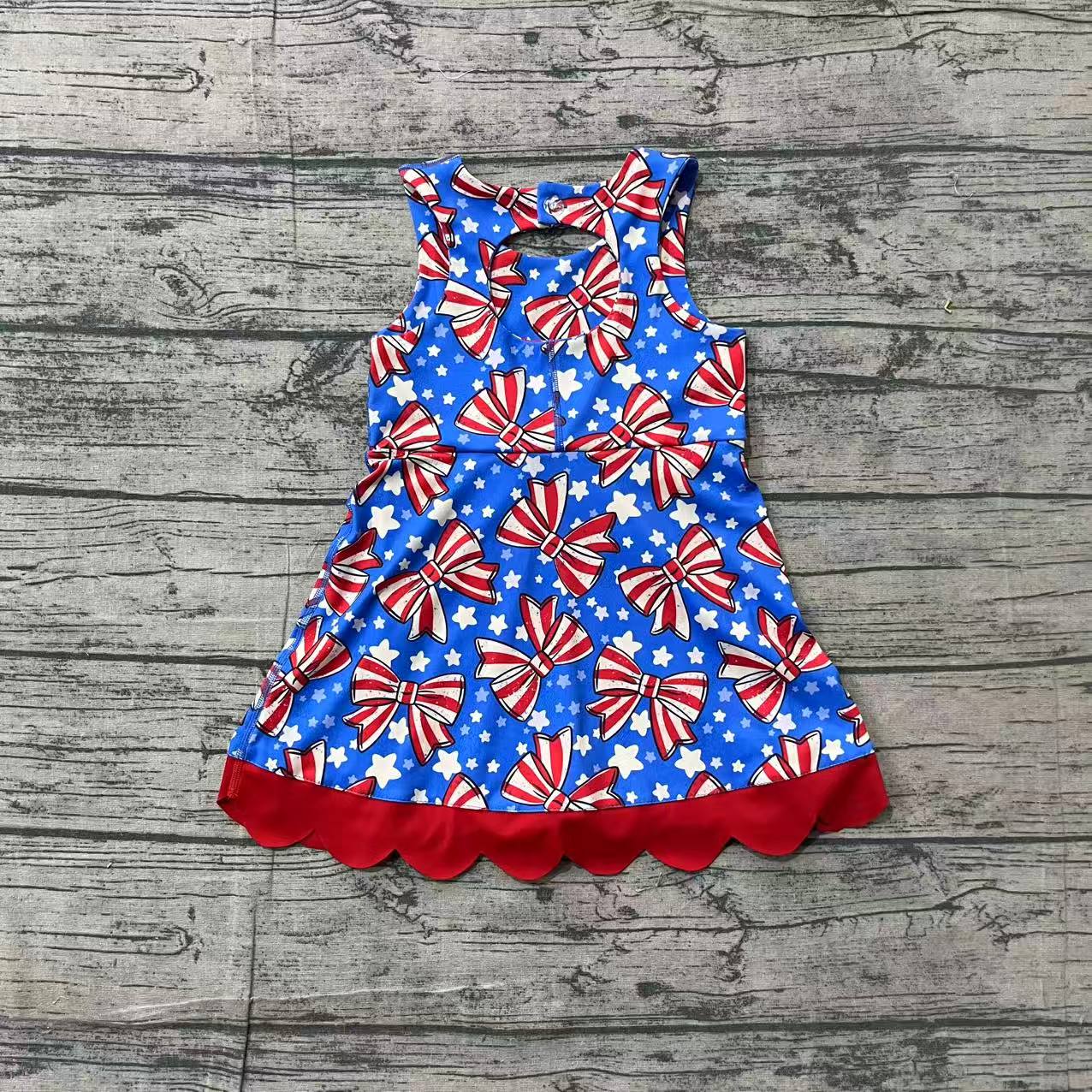 Sleeveless stripe bow stars girls 4th of july athletic dress