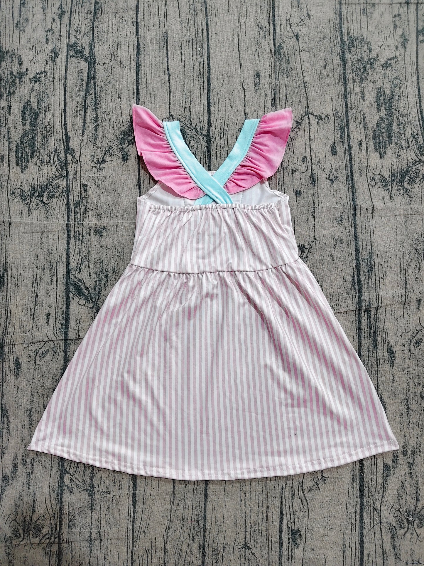 Flutter sleeves shell bow embroidery stripe girls dresses