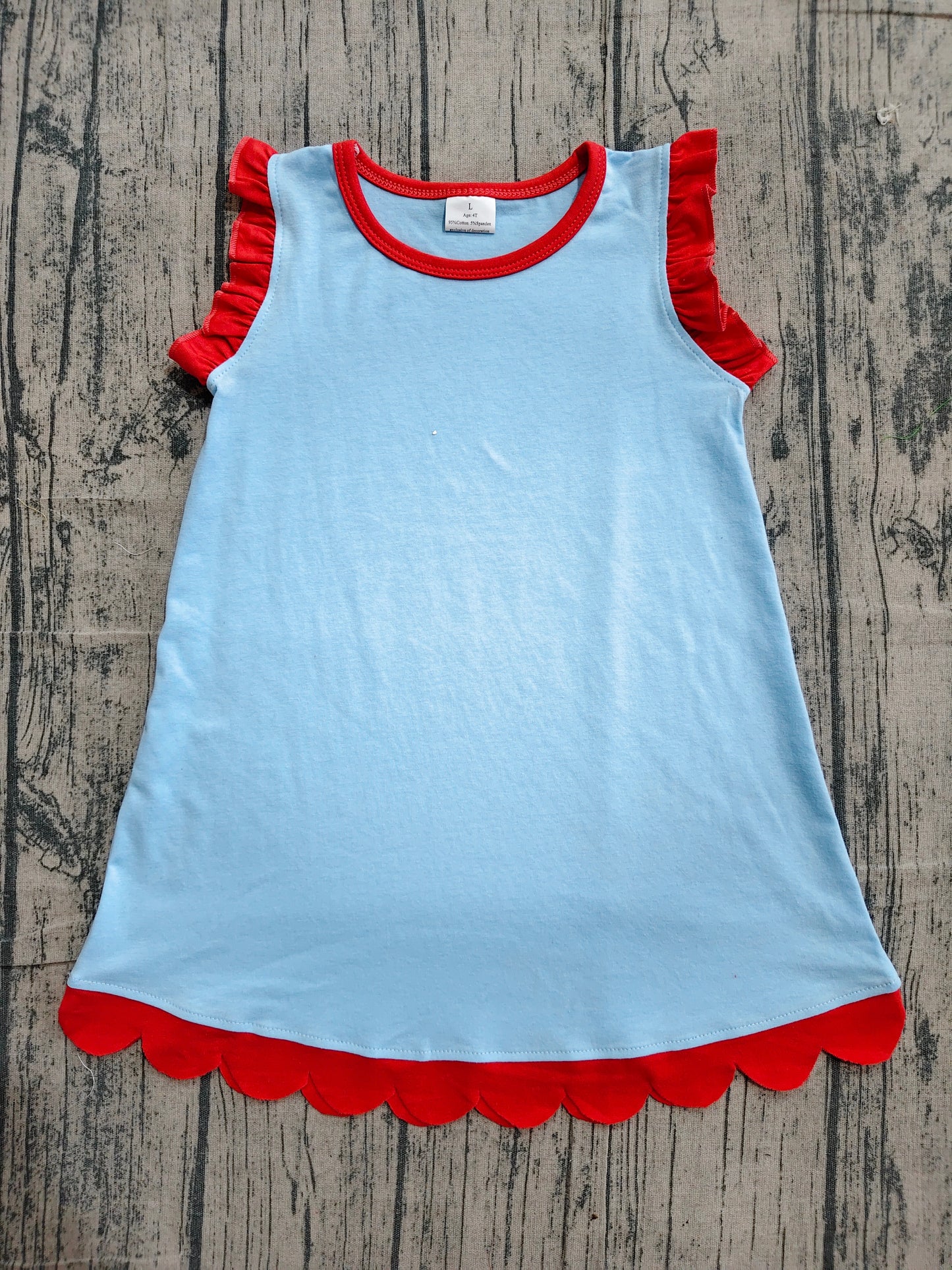 Orange scallop ruffle sleeveless light blue girls cotton dress