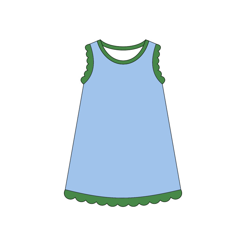 Green scallop ruffle sleeveless light blue girls cotton dress