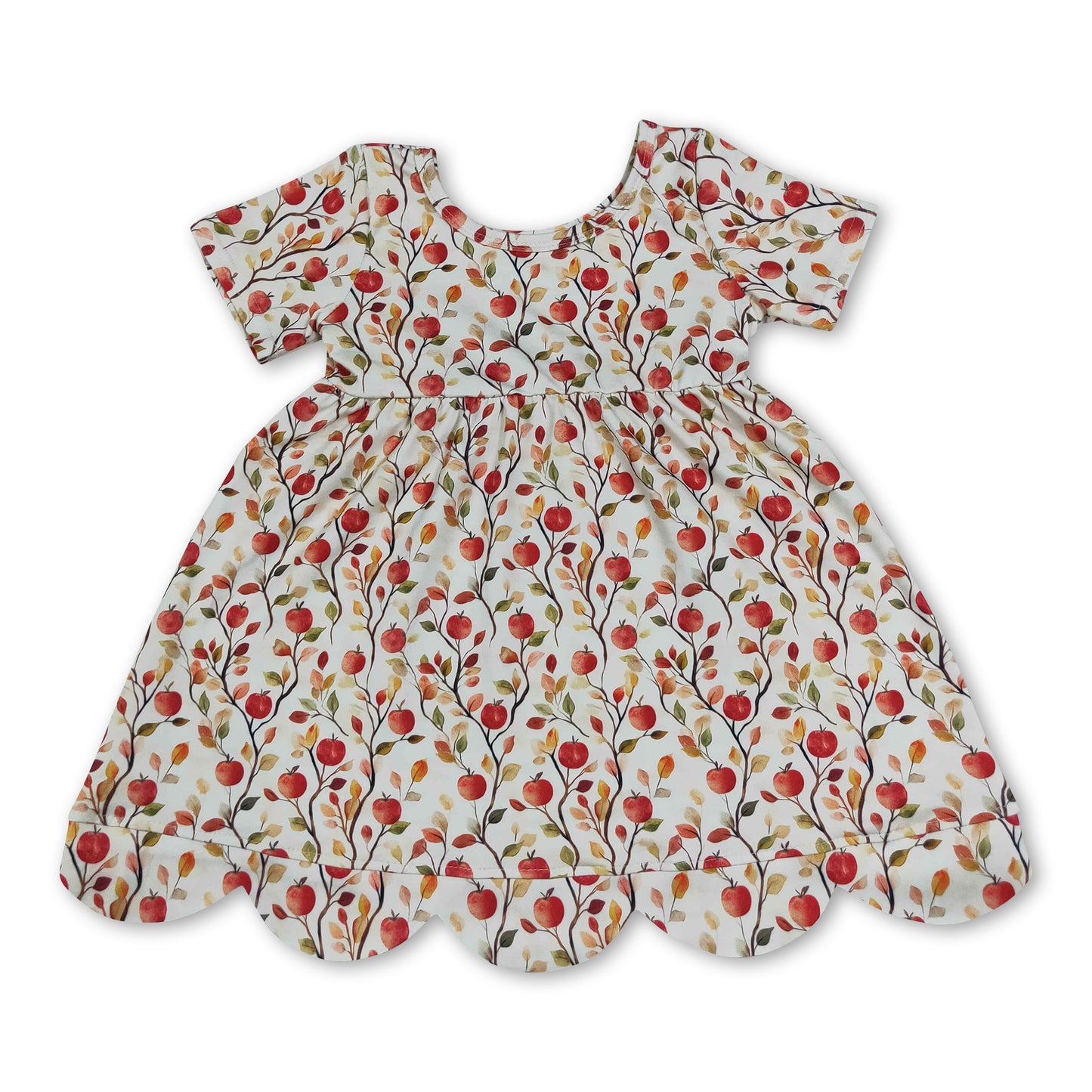 Short sleeves apple scallop kids girls back to school dress