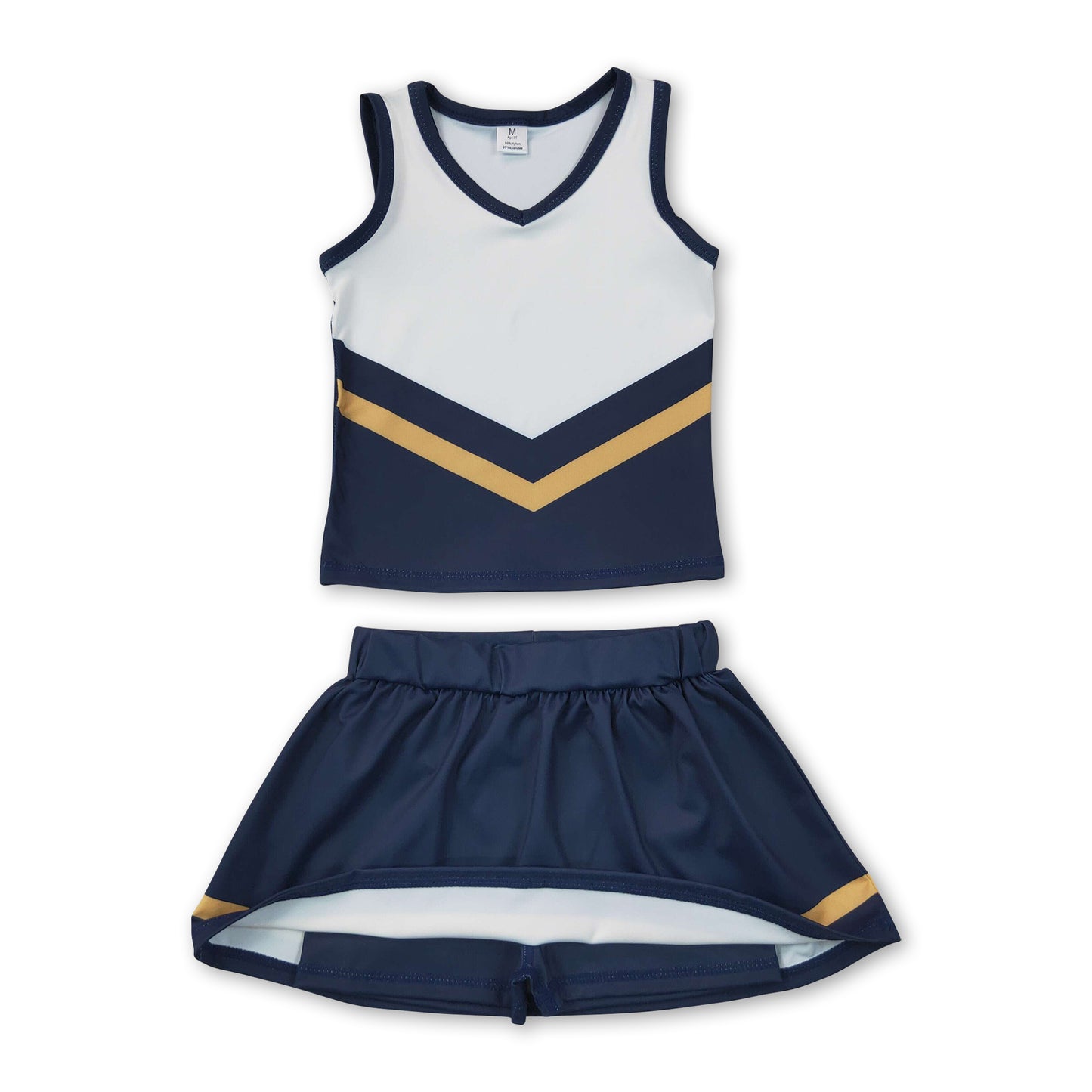 Sleeveless gold navy top skirt girls team cheer active set